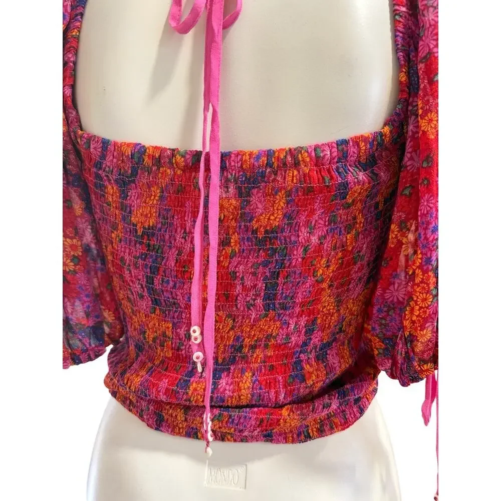 Free People Back on Top Floral Smocked Puff Sleeve Crop